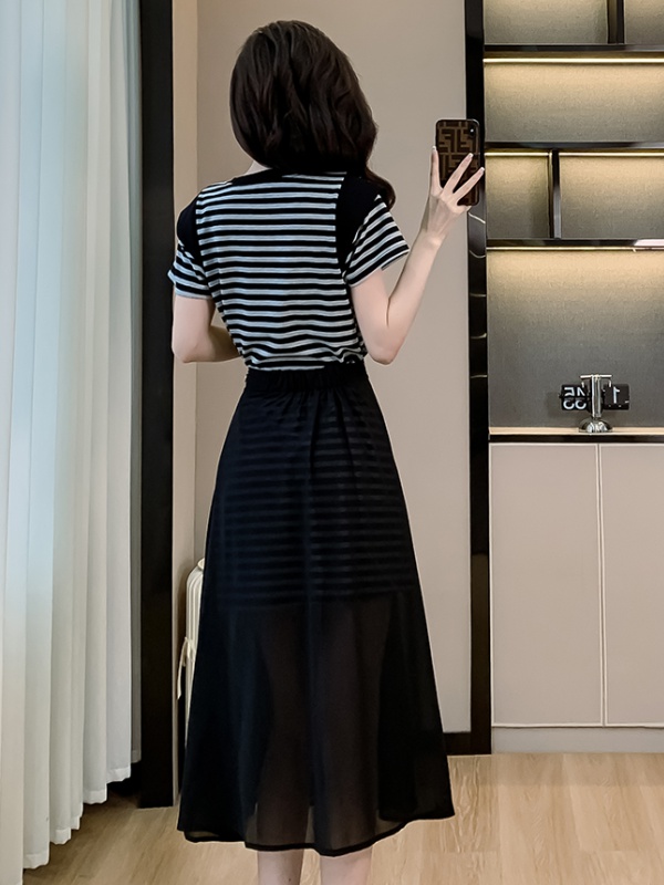Stripe short sleeve slim skirt summer fashion dress 2pcs set
