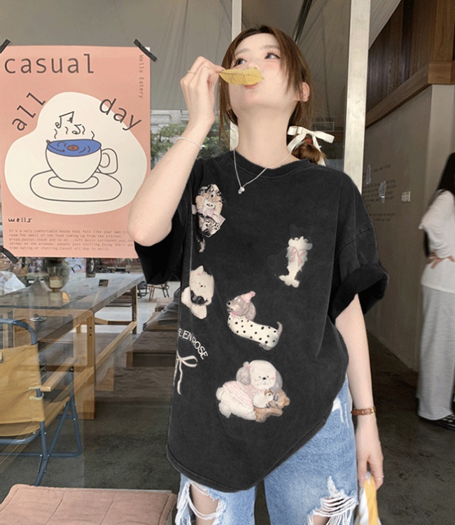 Washed retro Korean style large yard T-shirt for women