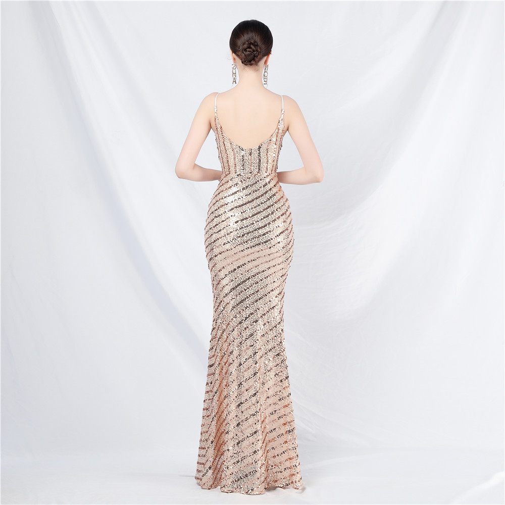 Fashion sequins sling low-cut evening dress for women