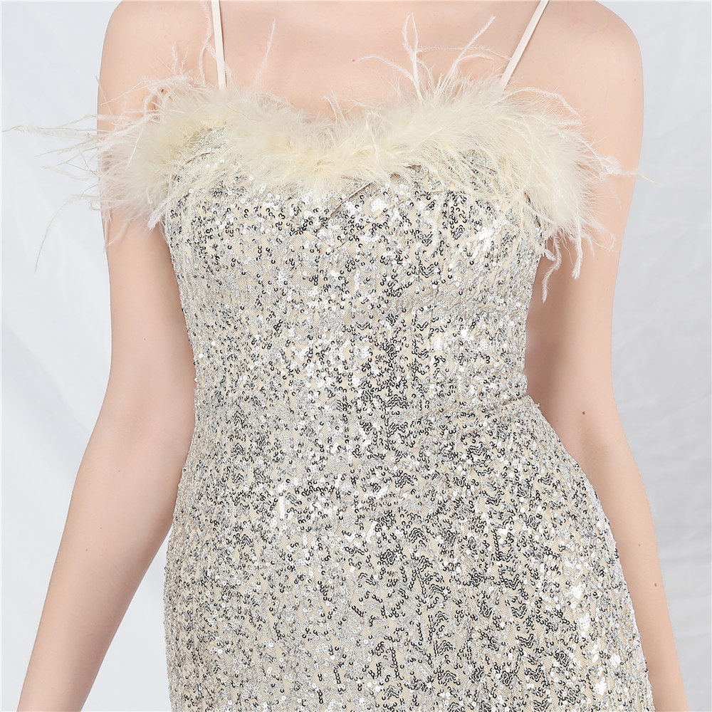 Ostrich hair gauze long sequins evening dress