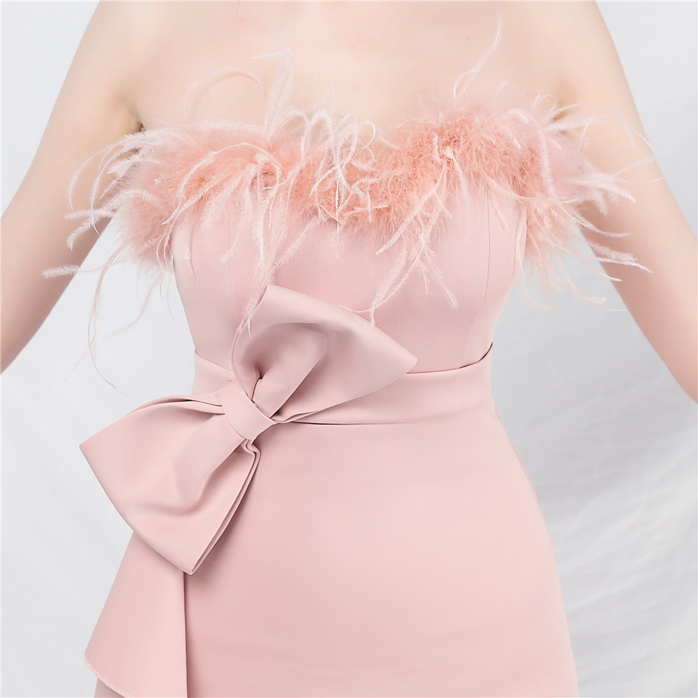 Ostrich hair strapless wrapped chest banquet dress