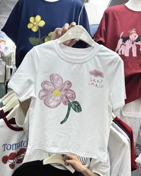 Summer round neck printing Korean style T-shirt for women