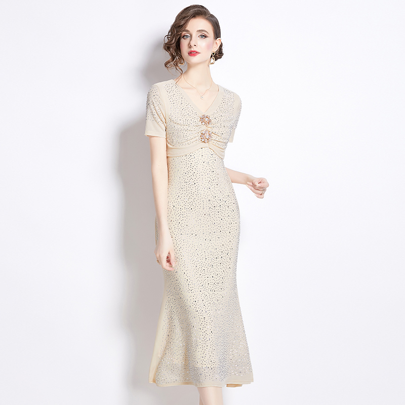 Short sleeve temperament sequins formal dress dazzle V-neck dress
