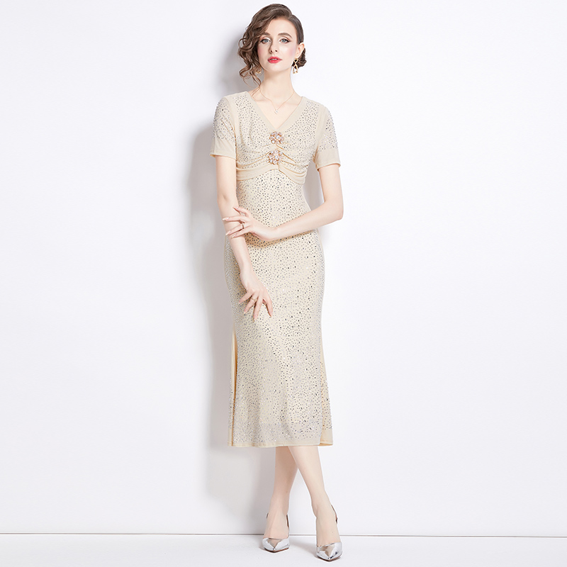 Short sleeve temperament sequins formal dress dazzle V-neck dress