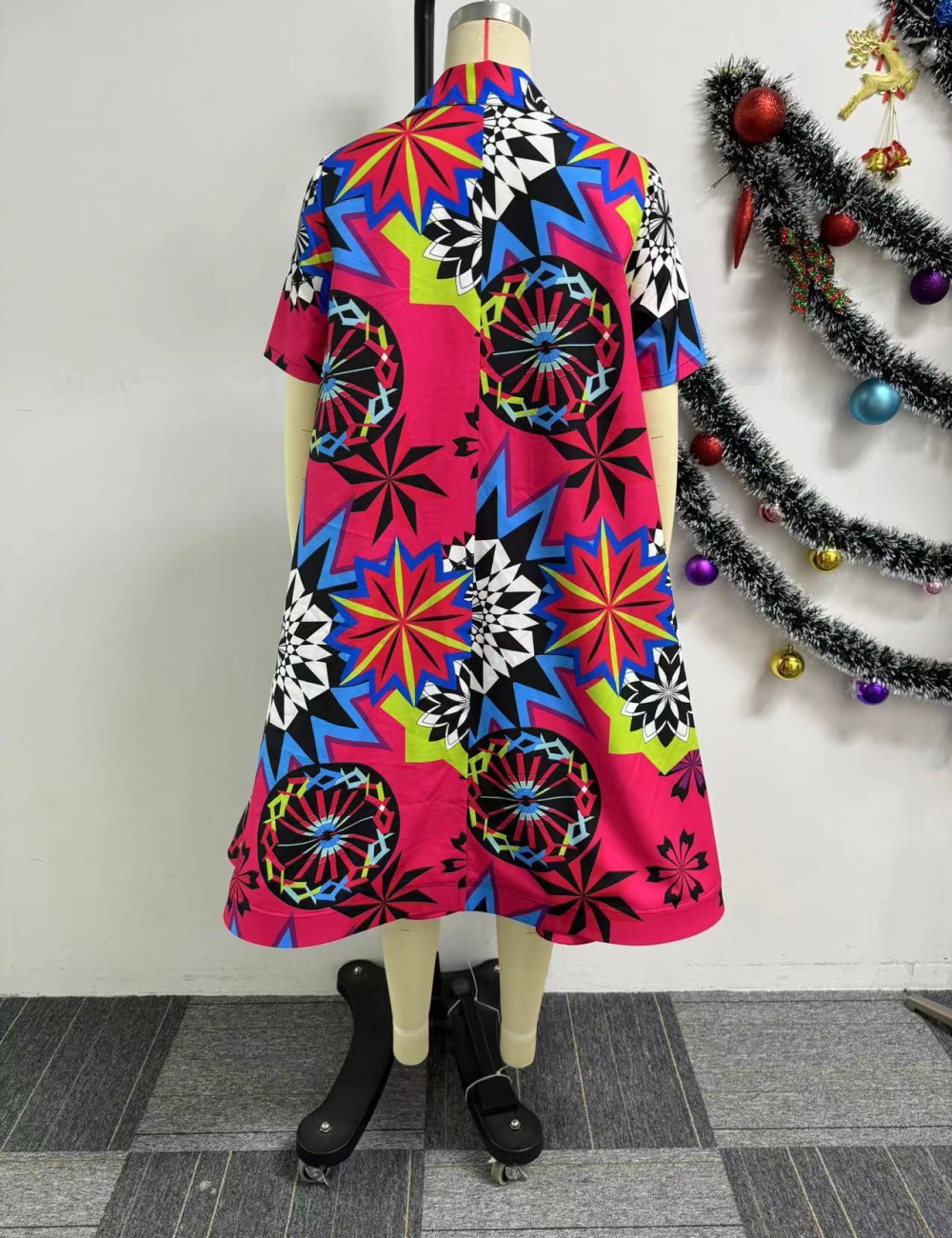 Printing short sleeve European style V-neck big skirt dress