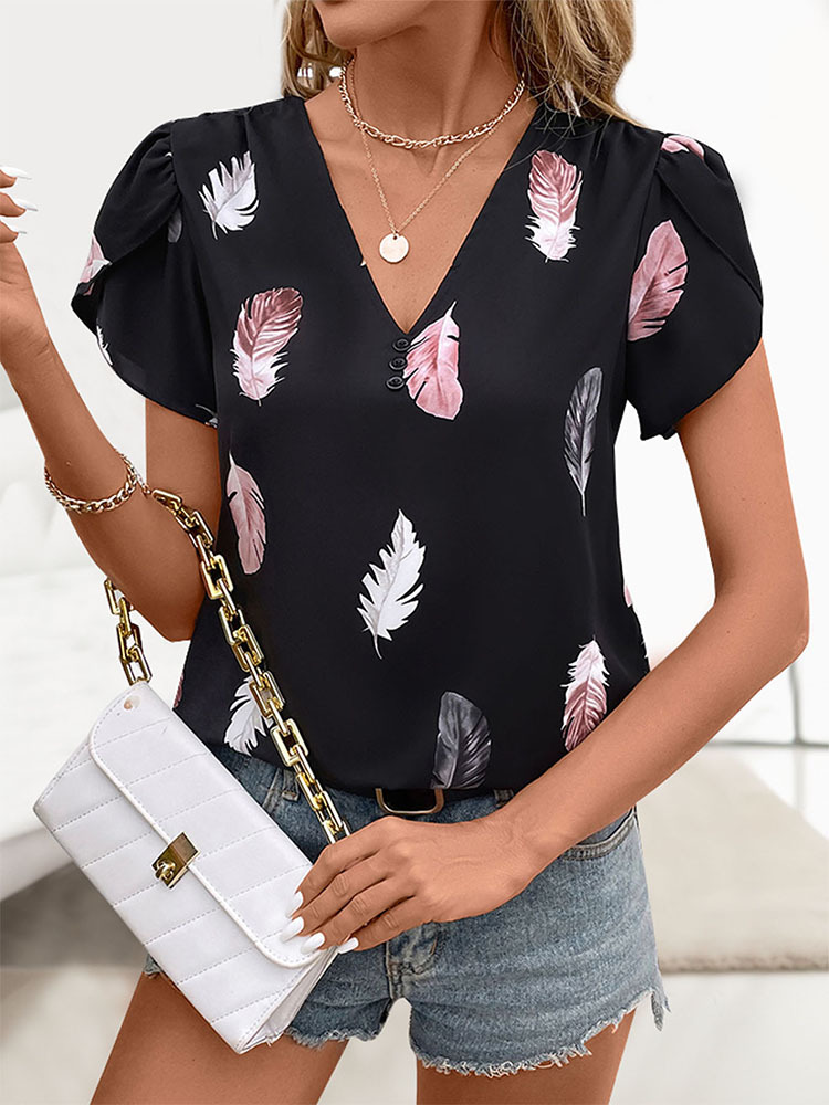 Printing European style summer feather shirt for women