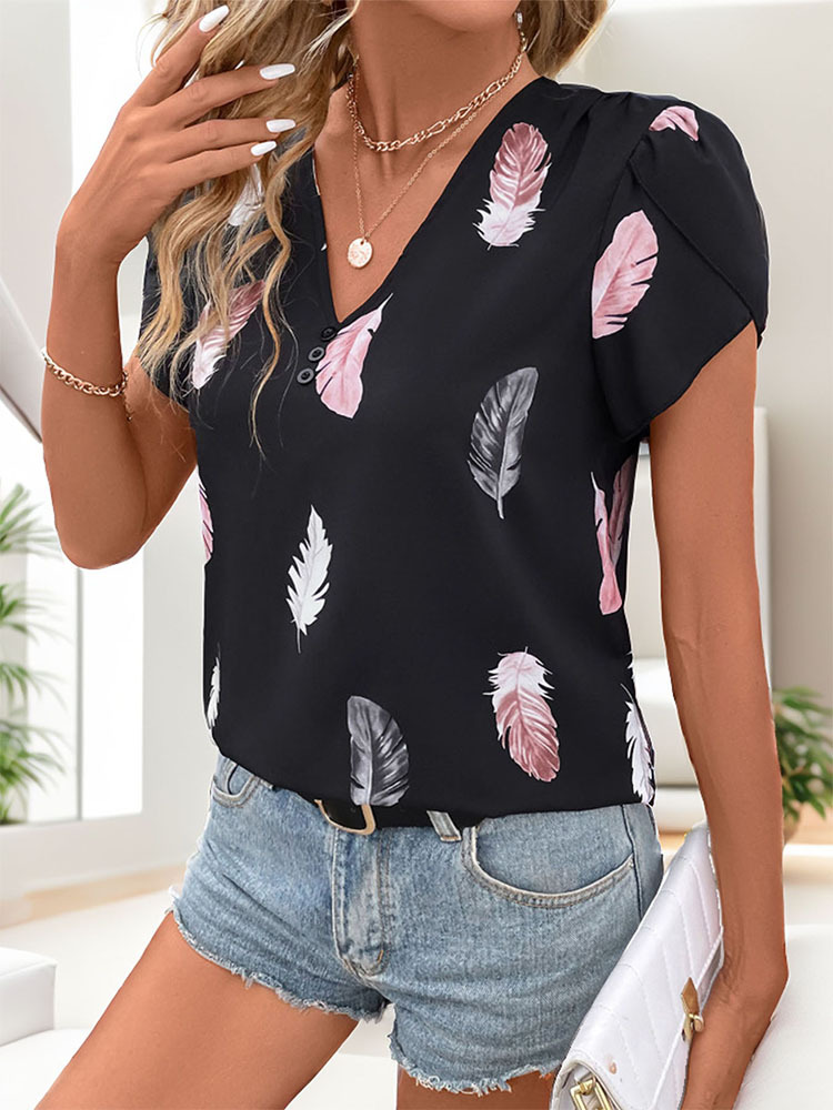 Printing European style summer feather shirt for women