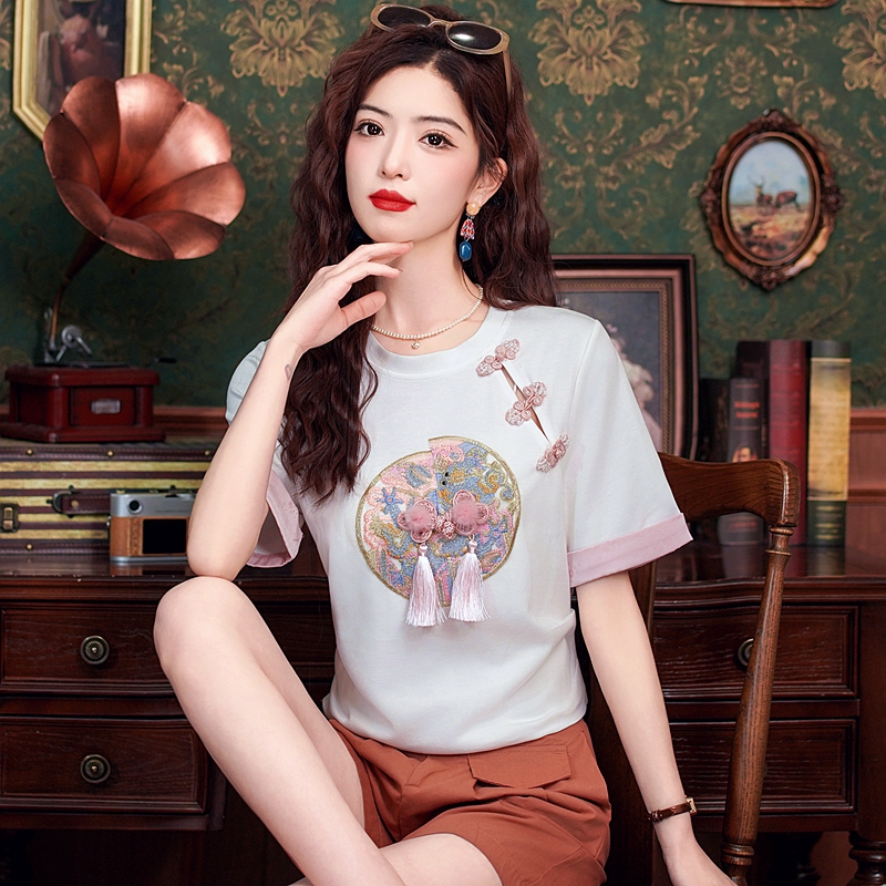Pinched waist spring and summer tops slim T-shirt for women