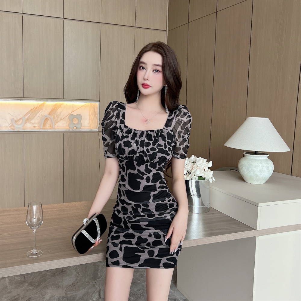 Package hip sexy puff sleeve bottoming printing dress