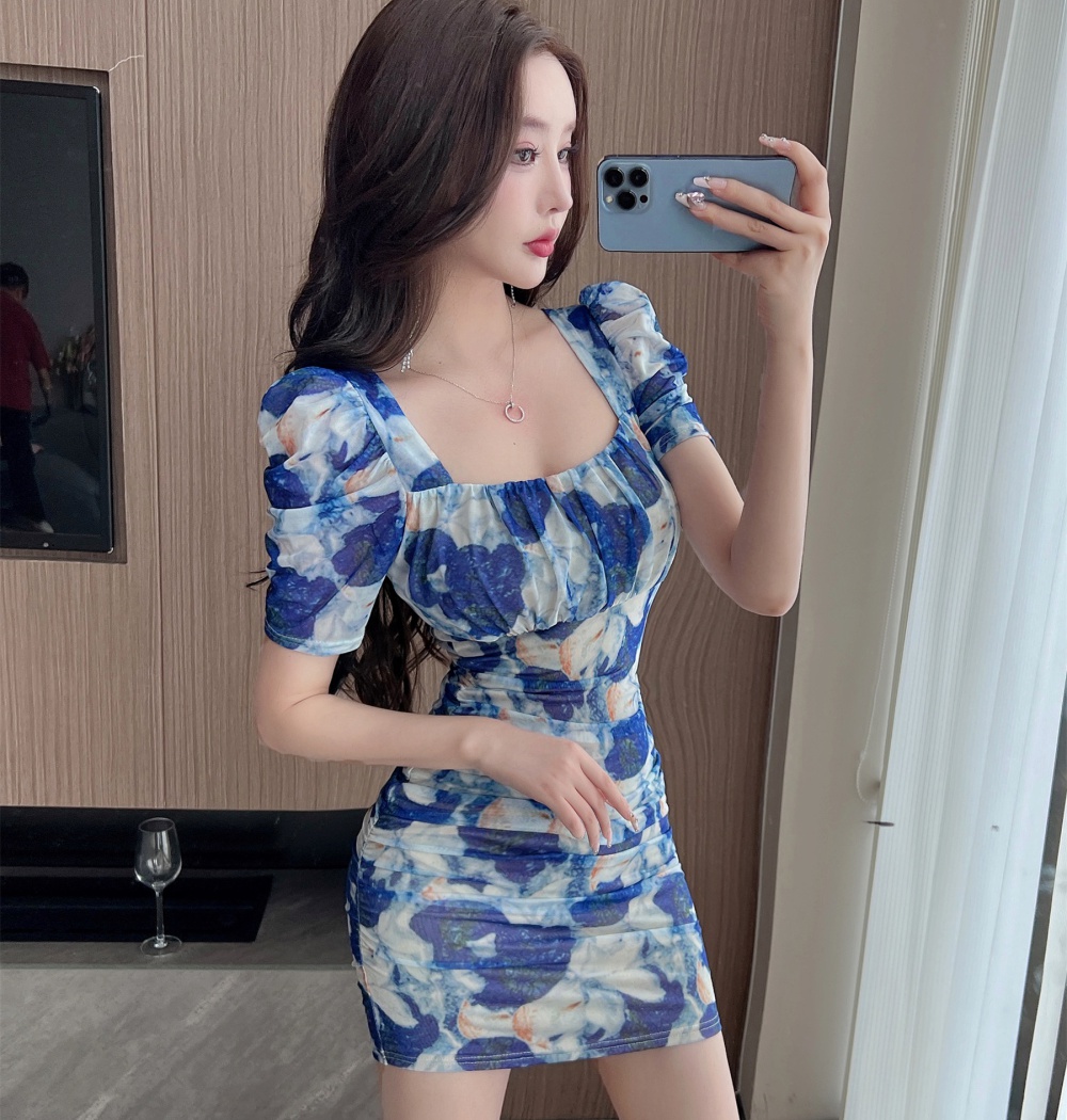 Package hip sexy puff sleeve bottoming printing dress
