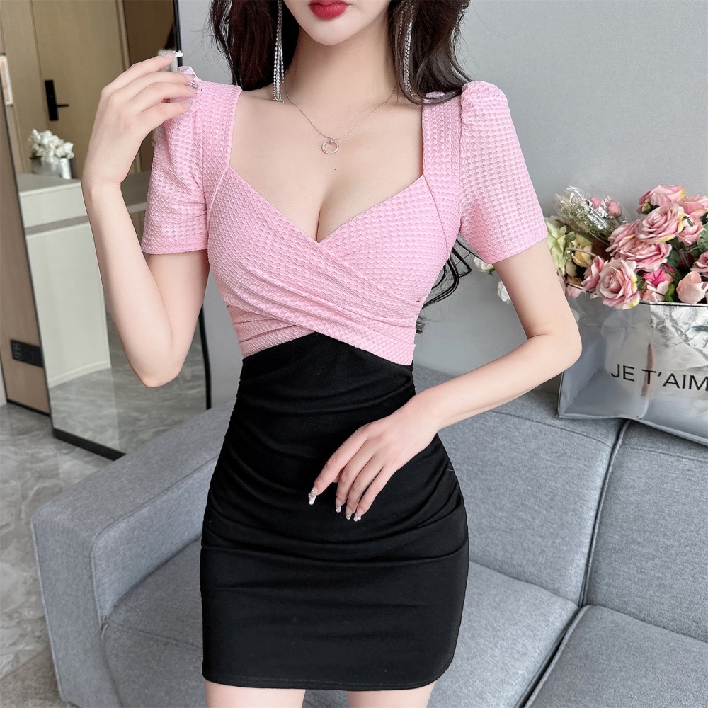 Splice sexy V-neck mixed colors bottoming short sleeve dress