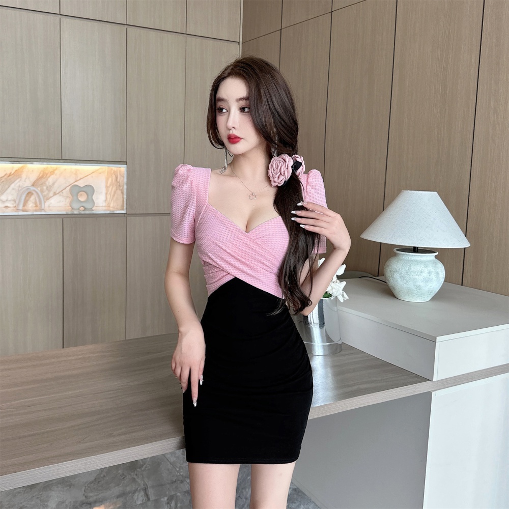 Splice sexy V-neck mixed colors bottoming short sleeve dress
