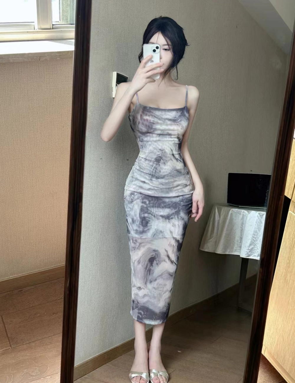 Slim temperament package hip sling printing dress for women