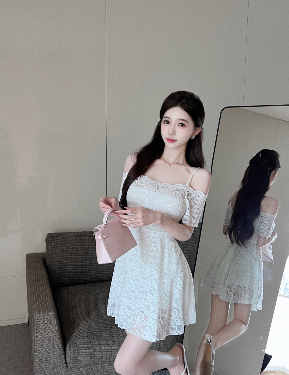 Lace strapless short sleeve sling sexy big skirt dress