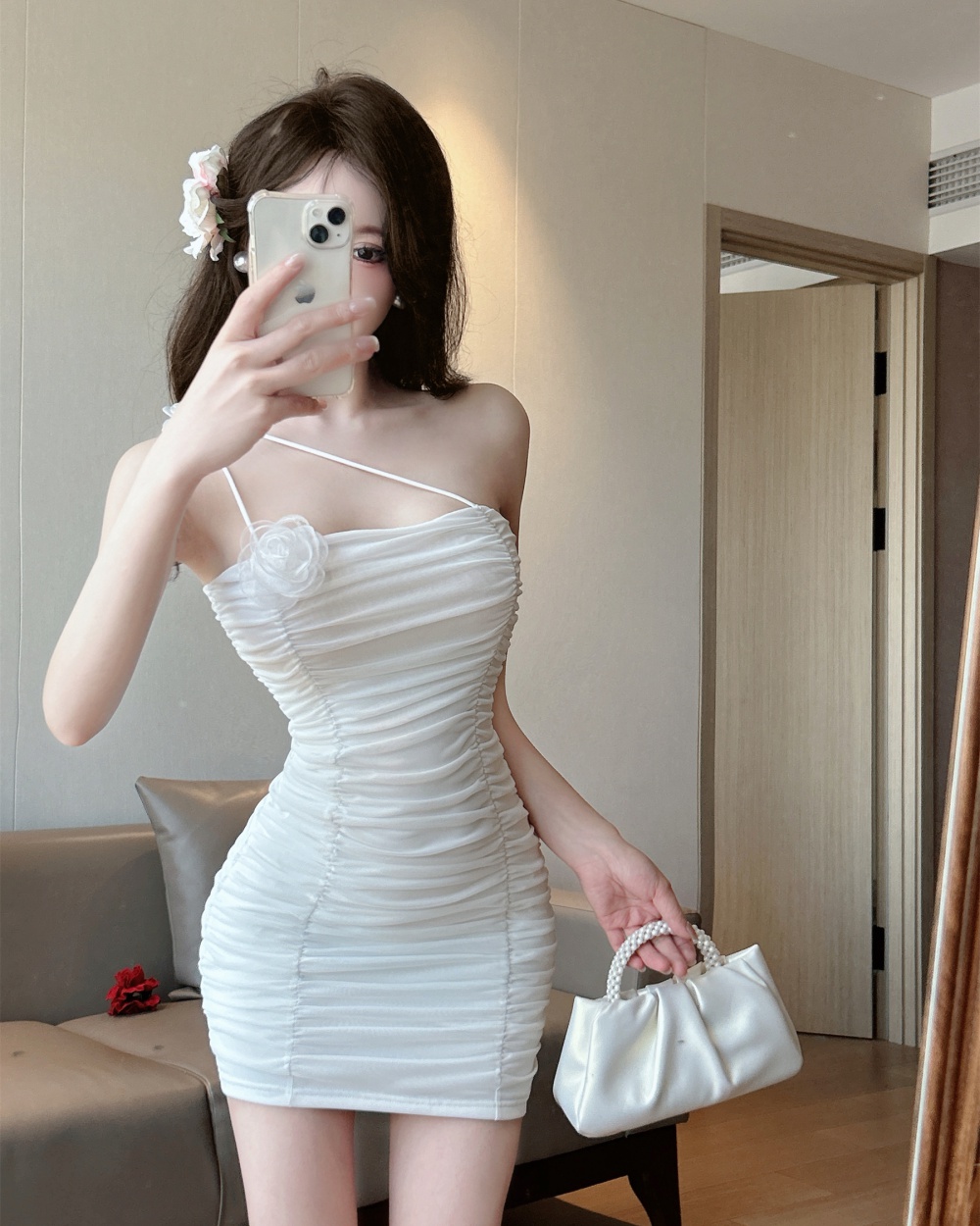 Rose package hip charming stereoscopic sling dress