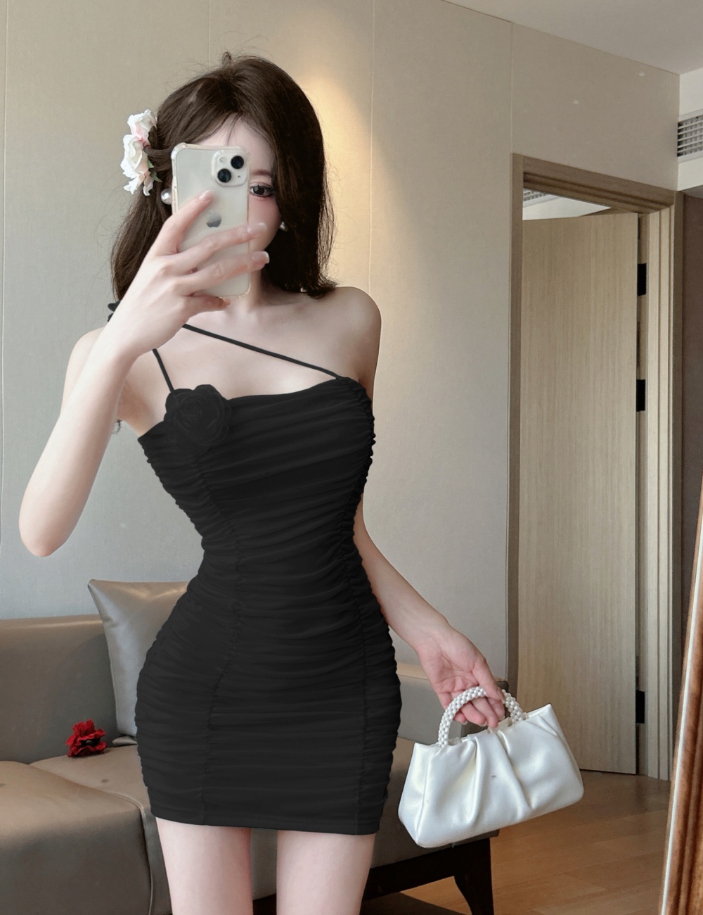 Rose package hip charming stereoscopic sling dress