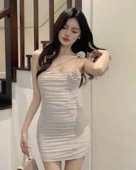 Rose stereoscopic fold slim romantic sling charming dress