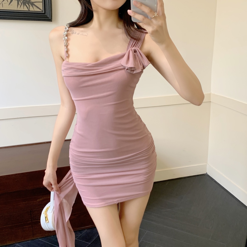 Bow side bandage sexy gauze package hip diamond dress