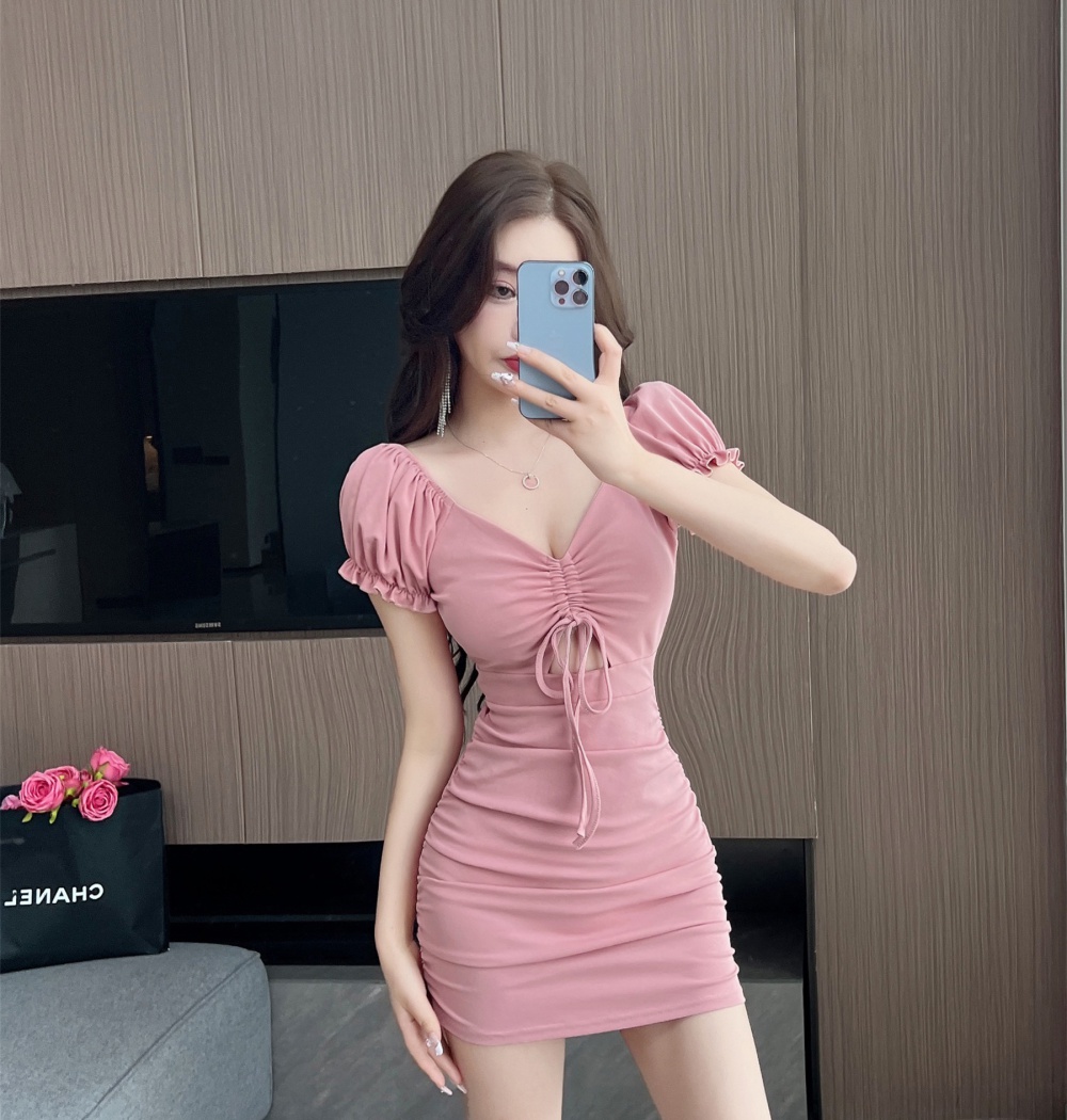 Sexy short sleeve bottoming drawstring dress