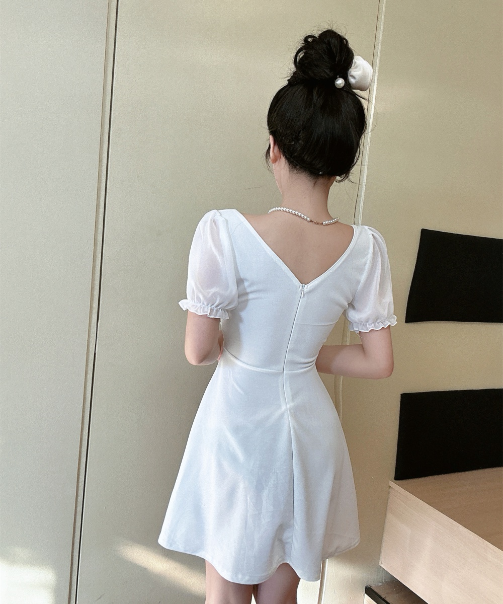 Puff sleeve big skirt short sleeve low-cut dress