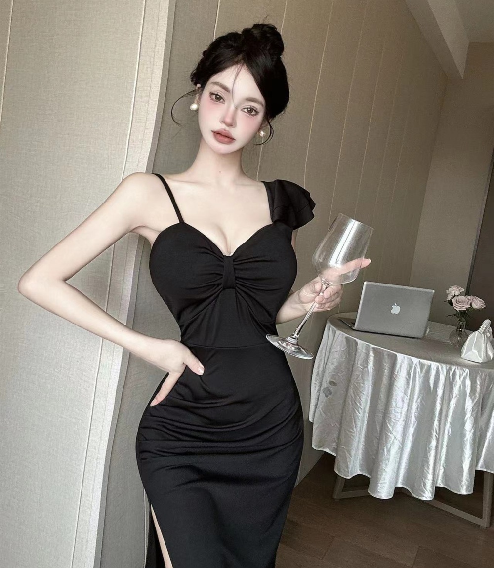 V-neck sexy long slit package hip dress