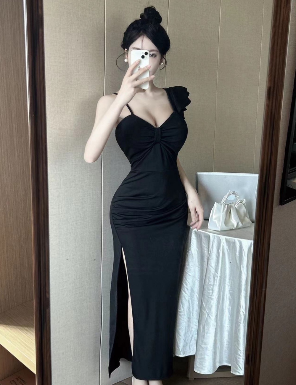 V-neck sexy long slit package hip dress