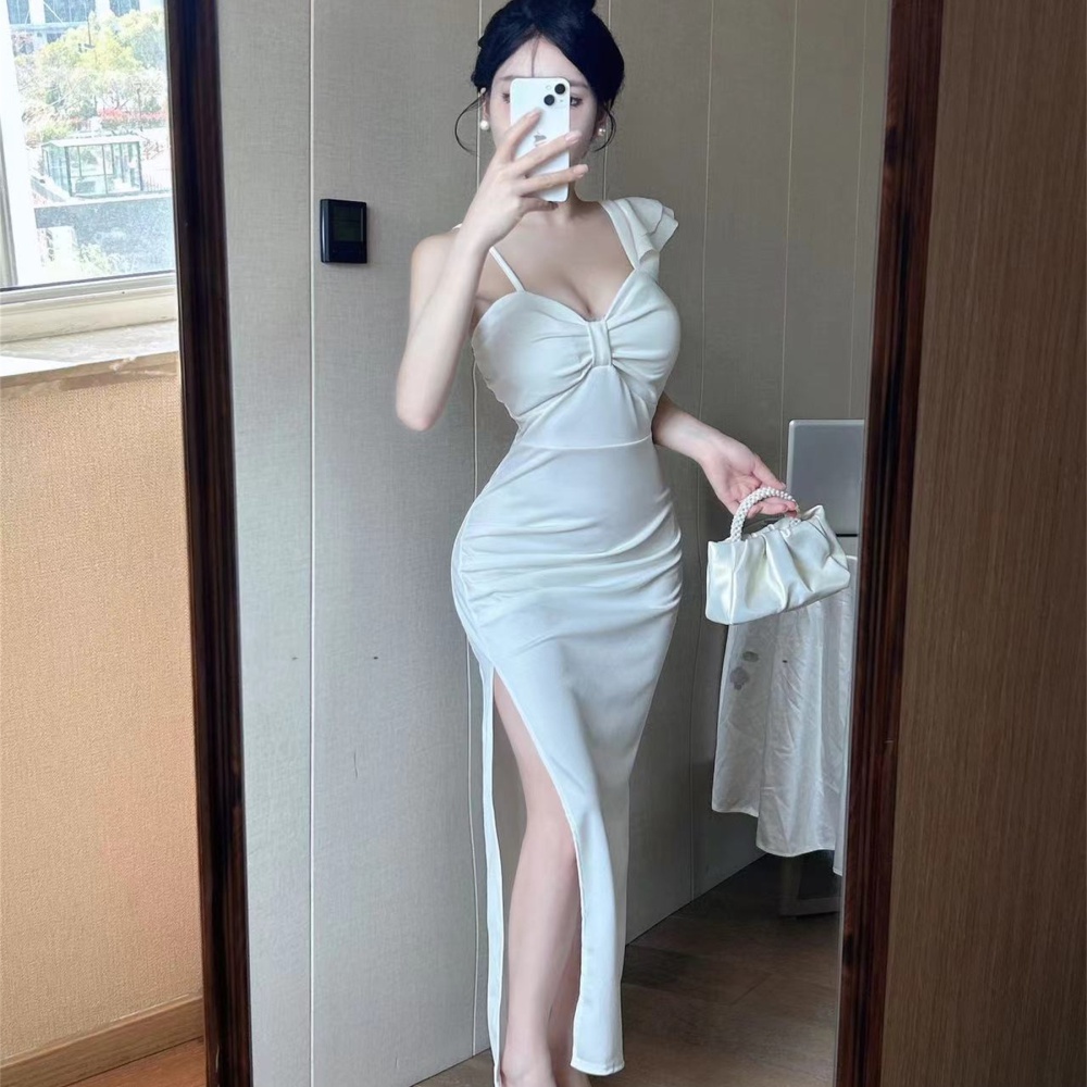 V-neck sexy long slit package hip dress