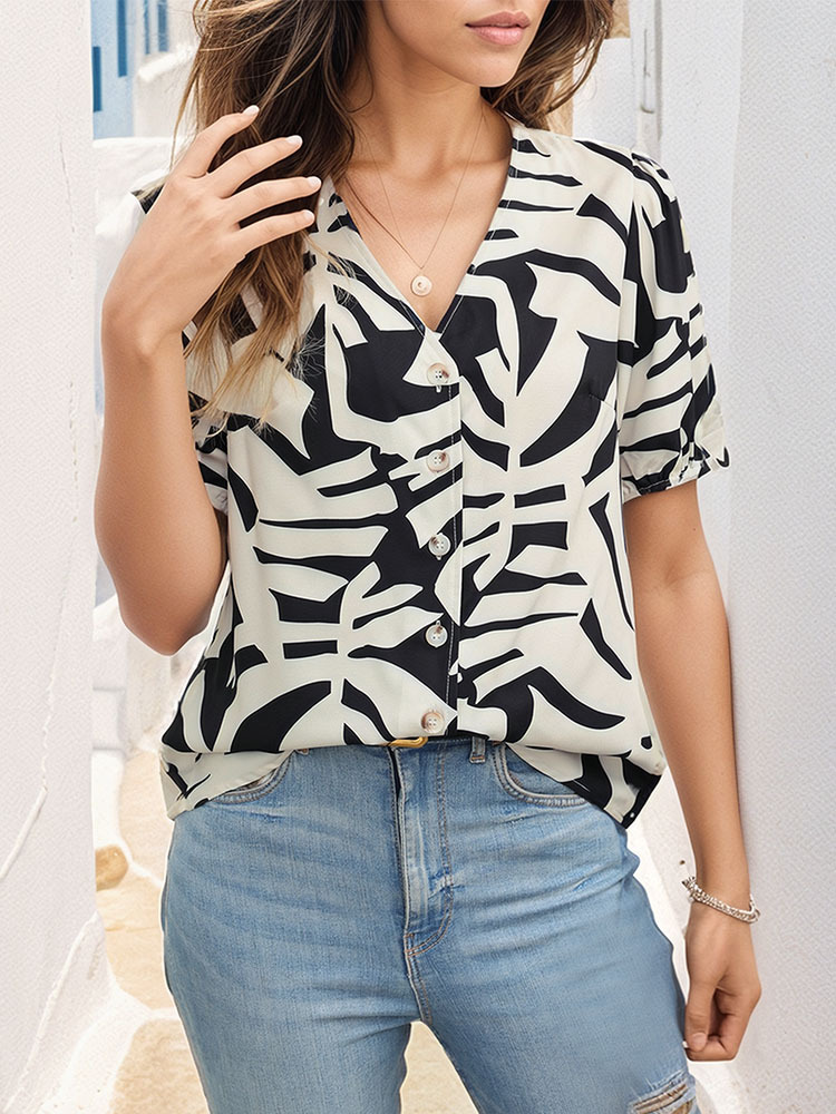 Printing summer V-neck European style tops for women