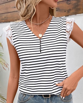 Stripe lace splice short sleeve summer tops for women