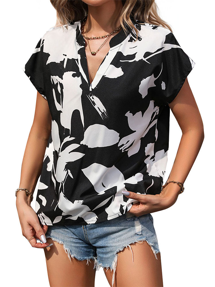 Black and white mixed colors V-neck summer shirt for women