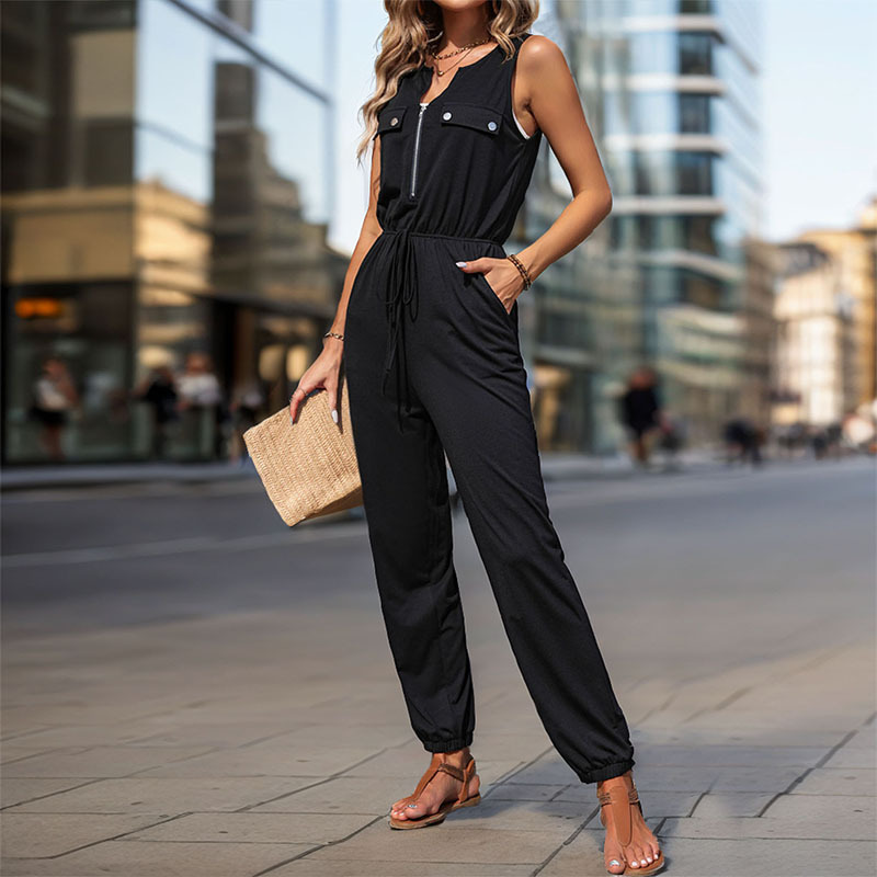 European style long black summer jumpsuit for women