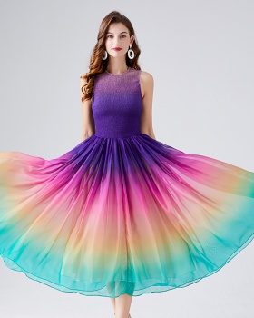 Rainbow elastic A-line big skirt elegant summer dress
