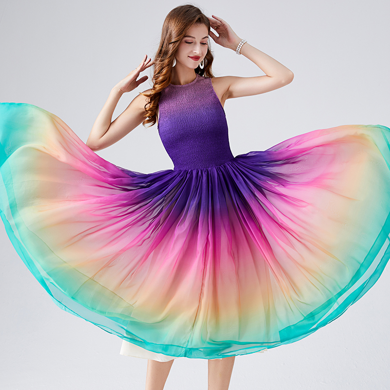 Rainbow elastic A-line big skirt elegant summer dress