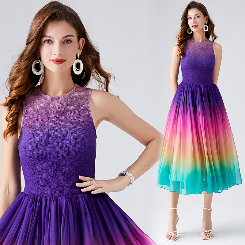 Rainbow elastic A-line big skirt elegant summer dress