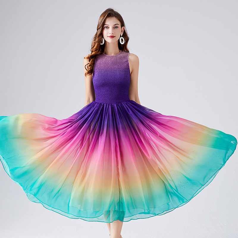 Rainbow elastic A-line big skirt elegant summer dress