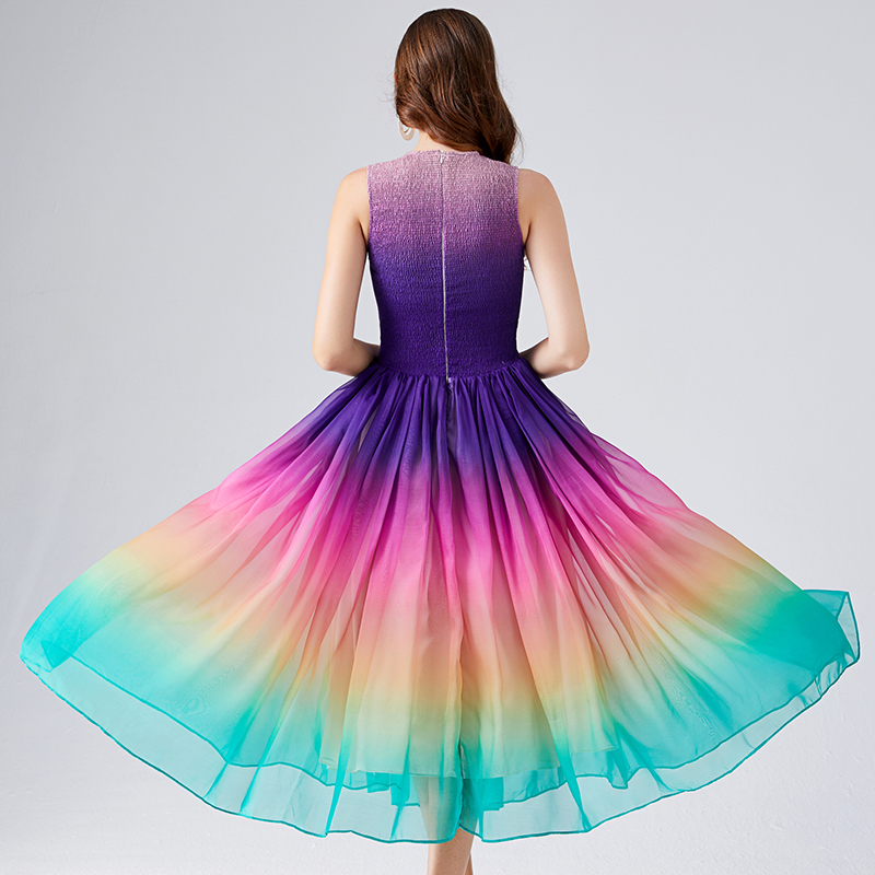 Rainbow elastic A-line big skirt elegant summer dress