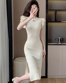 Slim summer boats sleeve knitted Chinese style dress