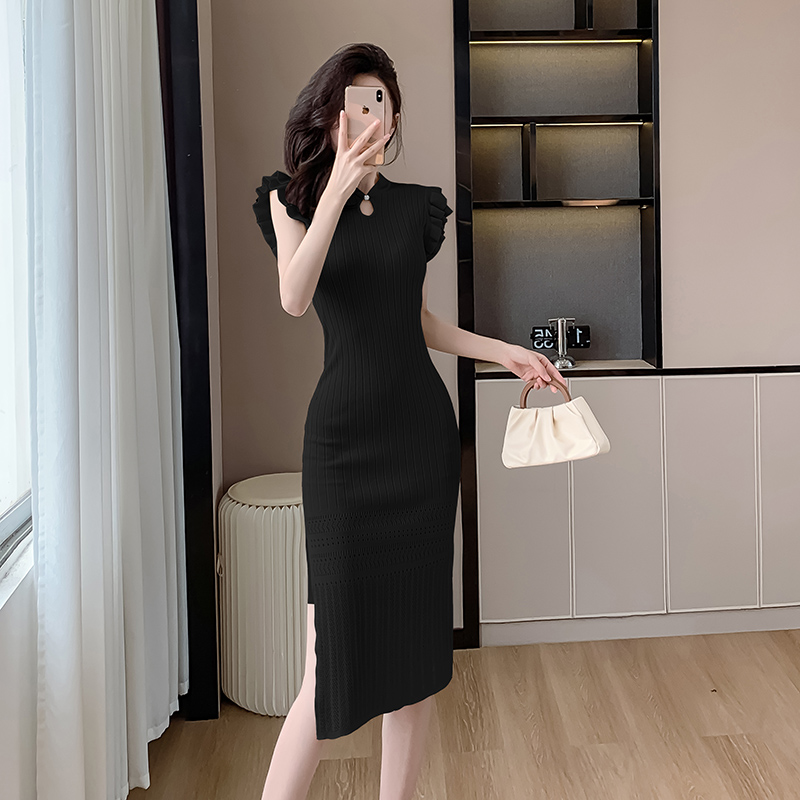 Slim summer boats sleeve knitted Chinese style dress