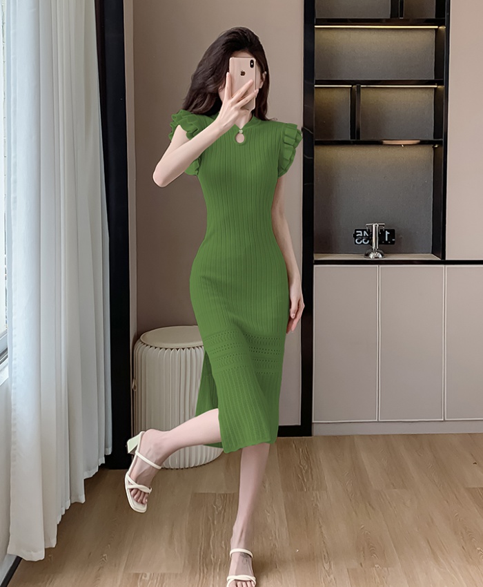 Slim summer boats sleeve knitted Chinese style dress