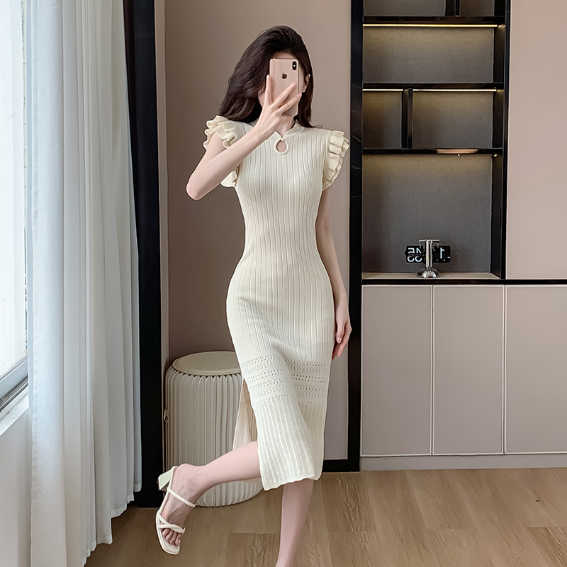 Slim summer boats sleeve knitted Chinese style dress