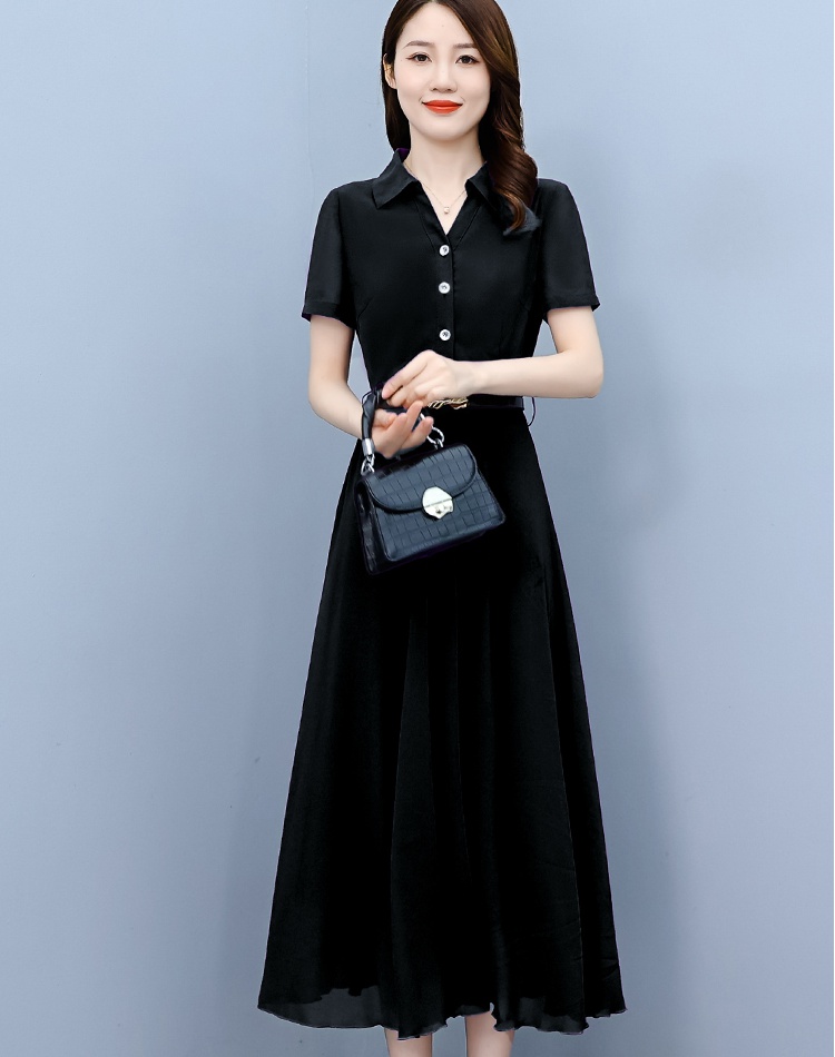 Chiffon summer short sleeve long Korean style slim dress