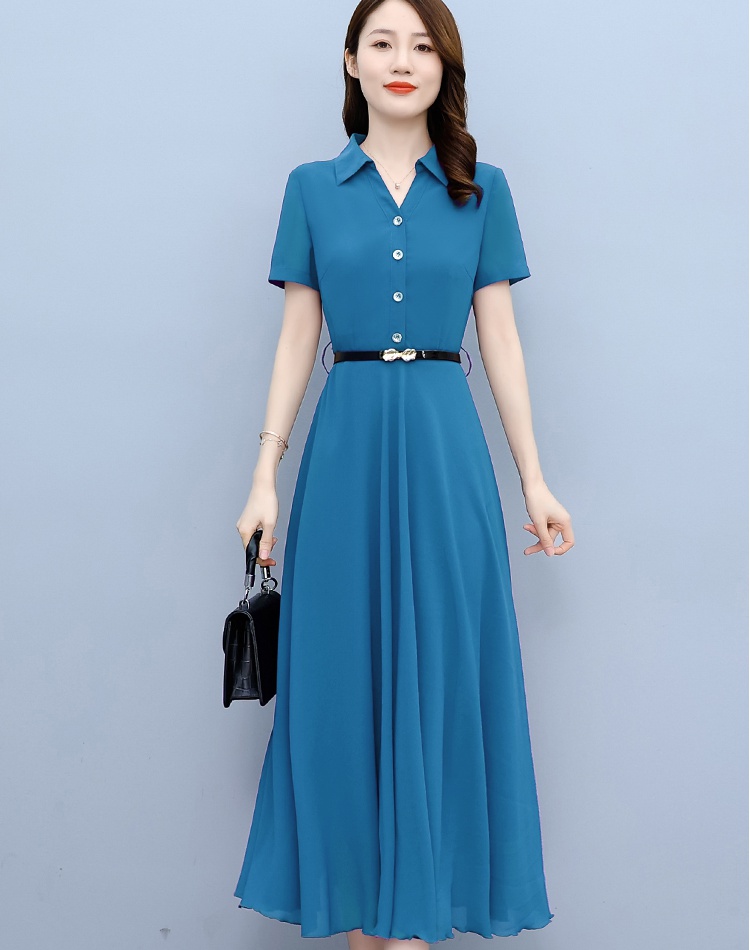 Chiffon summer short sleeve long Korean style slim dress