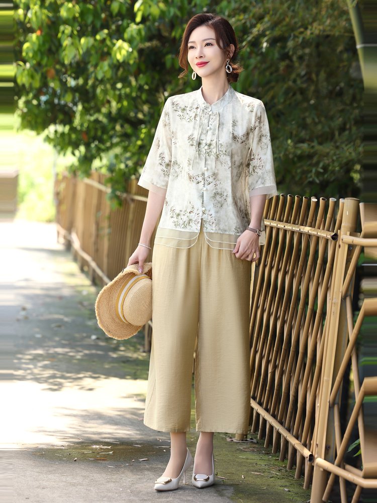 Large yard summer nine pants slim chiffon shirt 2pcs set