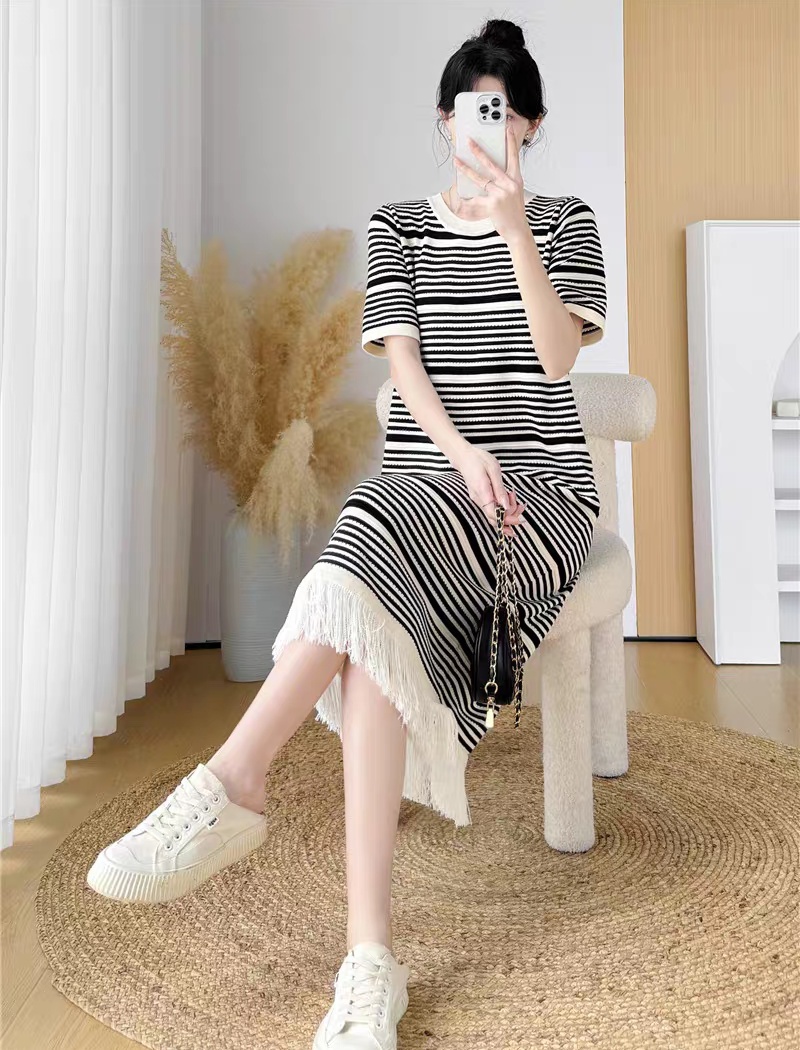 Casual loose long dress stripe knitted dress for women