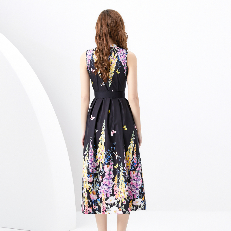 Long streamer collar spring and summer printing dress