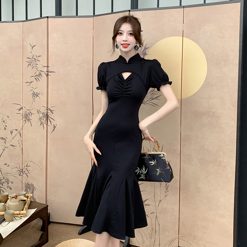 Package hip black cheongsam light mermaid dress for women