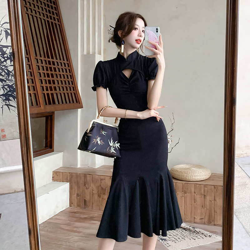 Package hip black cheongsam light mermaid dress for women