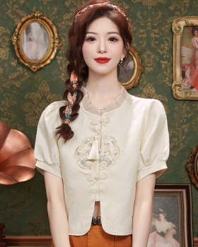 Chinese style summer tops crimp puff sleeve shirt