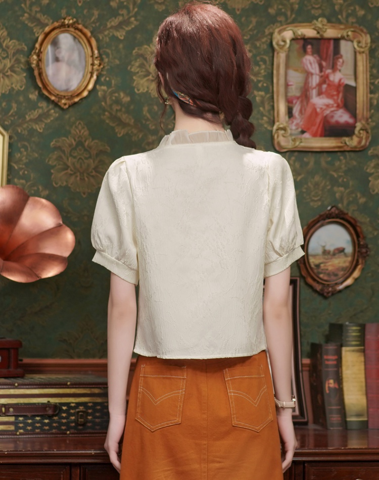 Chinese style summer tops crimp puff sleeve shirt