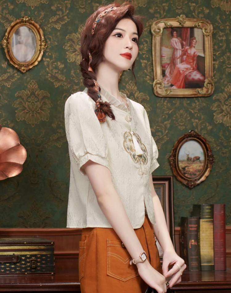 Chinese style summer tops crimp puff sleeve shirt